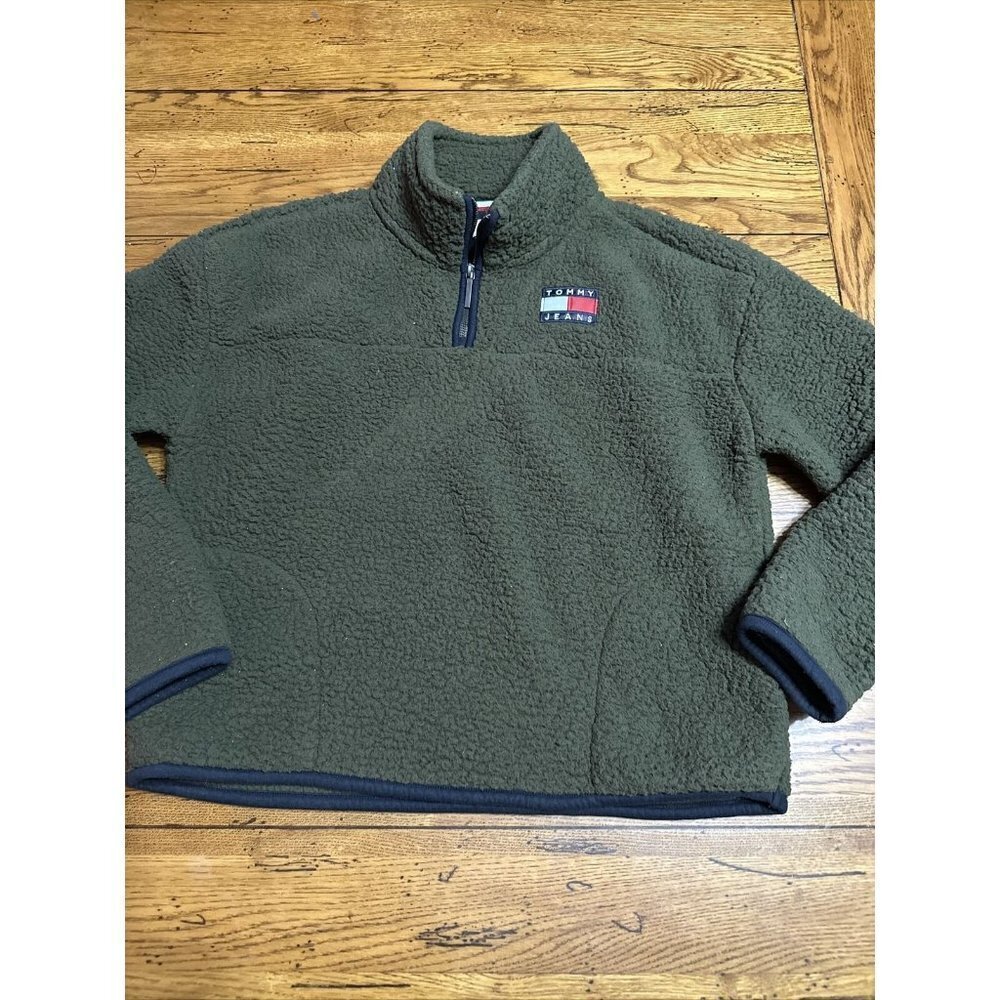 Tommy Hilfiger Cropped Mock Neck Sweatshirt Women's M Olive Pullover Logo